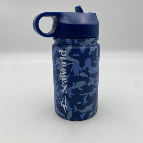 Seaworld Stainless Steel Water Bottle Blue Camo Camouflage Sea Animals Life - Picture 1 of 9